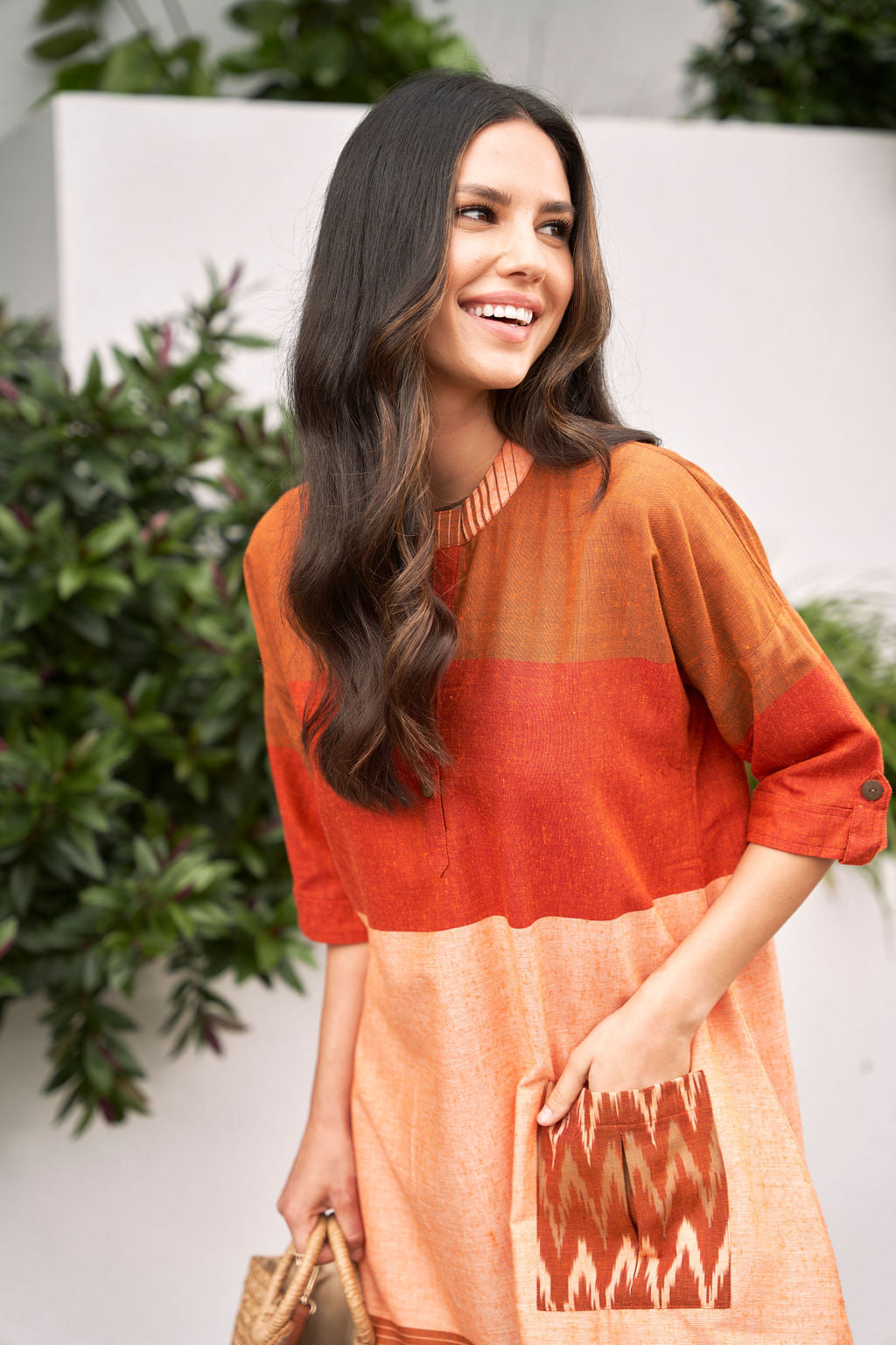 Orange and Peach Straight Cut Cotton Dress - Attires