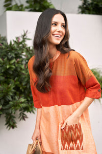 Orange and Peach Straight Cut Cotton Dress - Attires