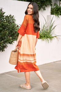 Orange and Peach Straight Cut Cotton Dress - Attires