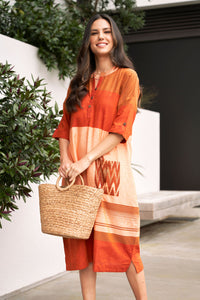 Orange and Peach Straight Cut Cotton Dress - Attires