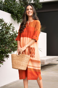 Orange and Peach Straight Cut Cotton Dress - Attires
