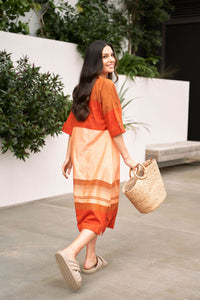Orange and Peach Straight Cut Cotton Dress - Attires