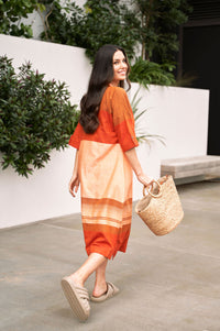 Orange and Peach Straight Cut Cotton Dress - Attires