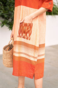 Orange and Peach Straight Cut Cotton Dress - Attires