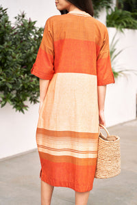 Orange and Peach Straight Cut Cotton Dress - Attires