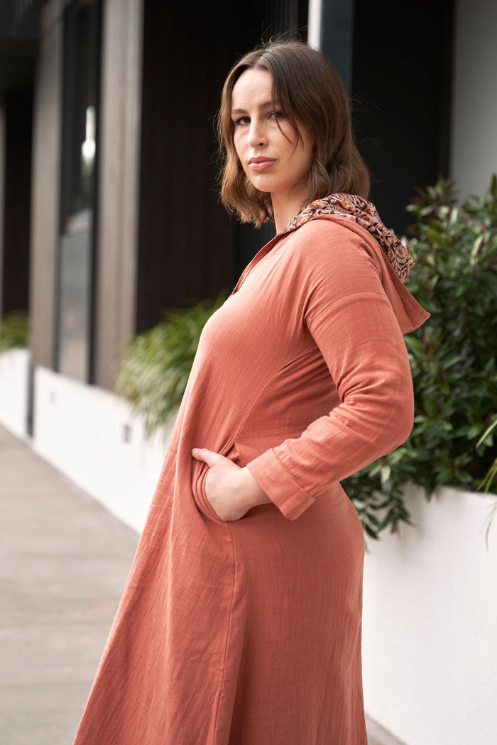 Rust Red Hooded Cotton Dress - Attires