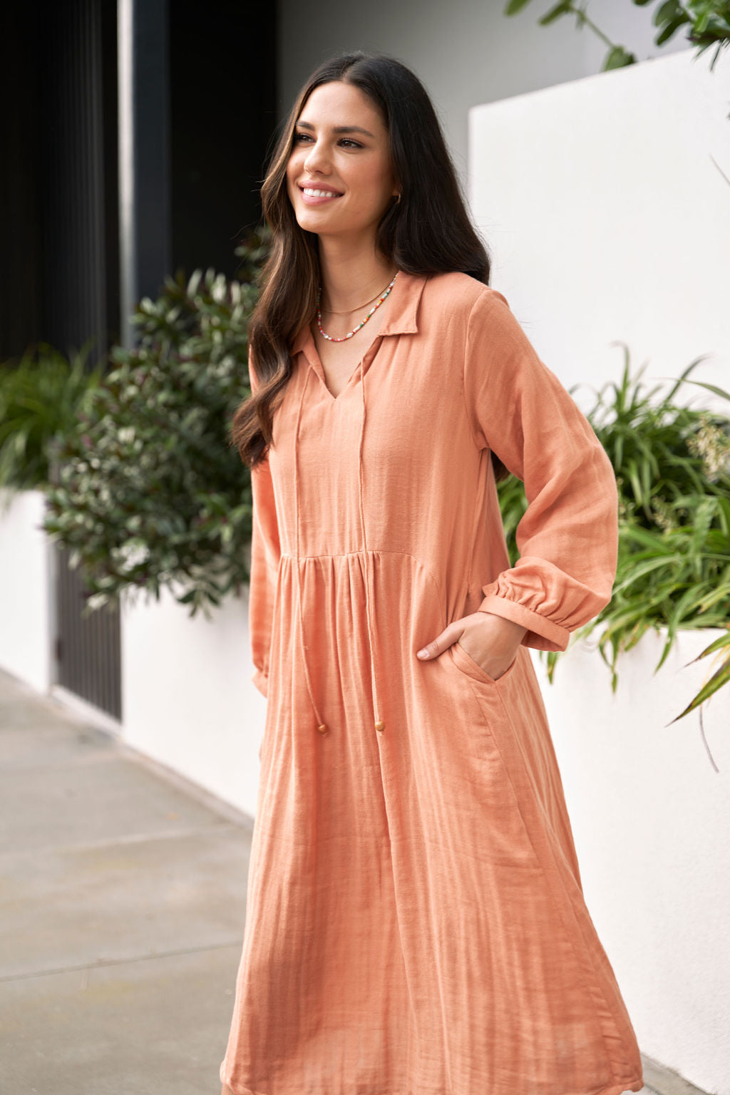 Dusty Peach Cotton Dress - Ellora