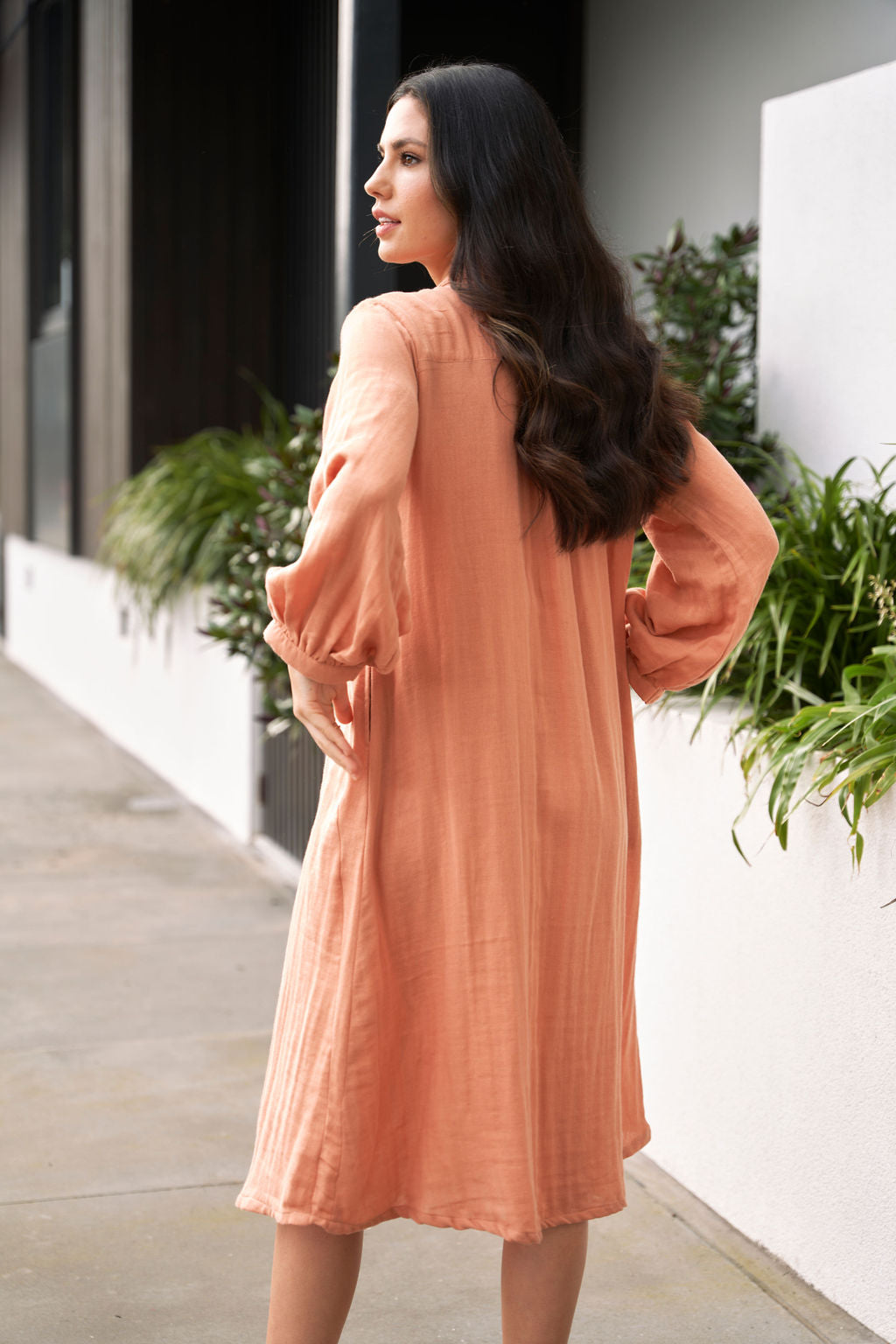peach cotton dress Peach Cotton Flax Deep-V Maxi Tier Dress 38" / Regular (5'2"